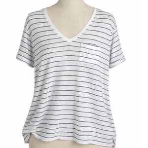 Cynthia Rowley Womens 100% Linen Striped V Neck Pocket Casual T Shirt Size Large